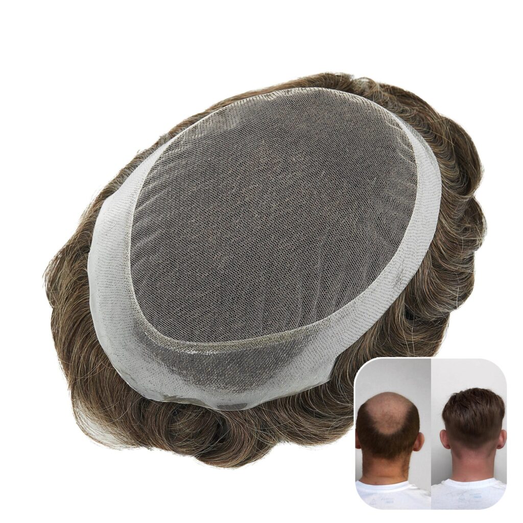 Underside of a ReHair French lace and poly hybrid hair system with a fitted result inset